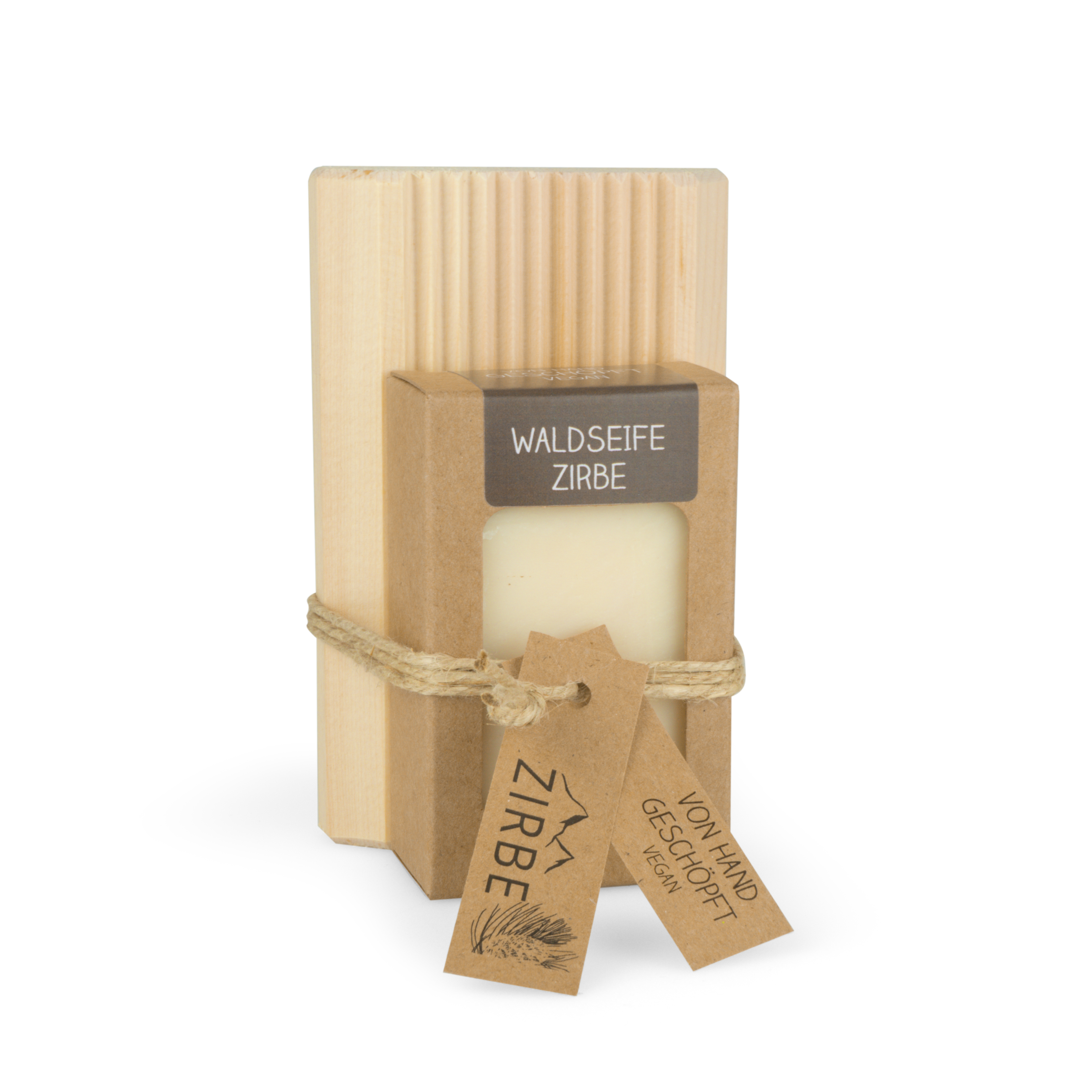 0302-2020 Seifenablage aus Zirben-Vollholz + Waldseife Zirbe 100g handgeschöpft