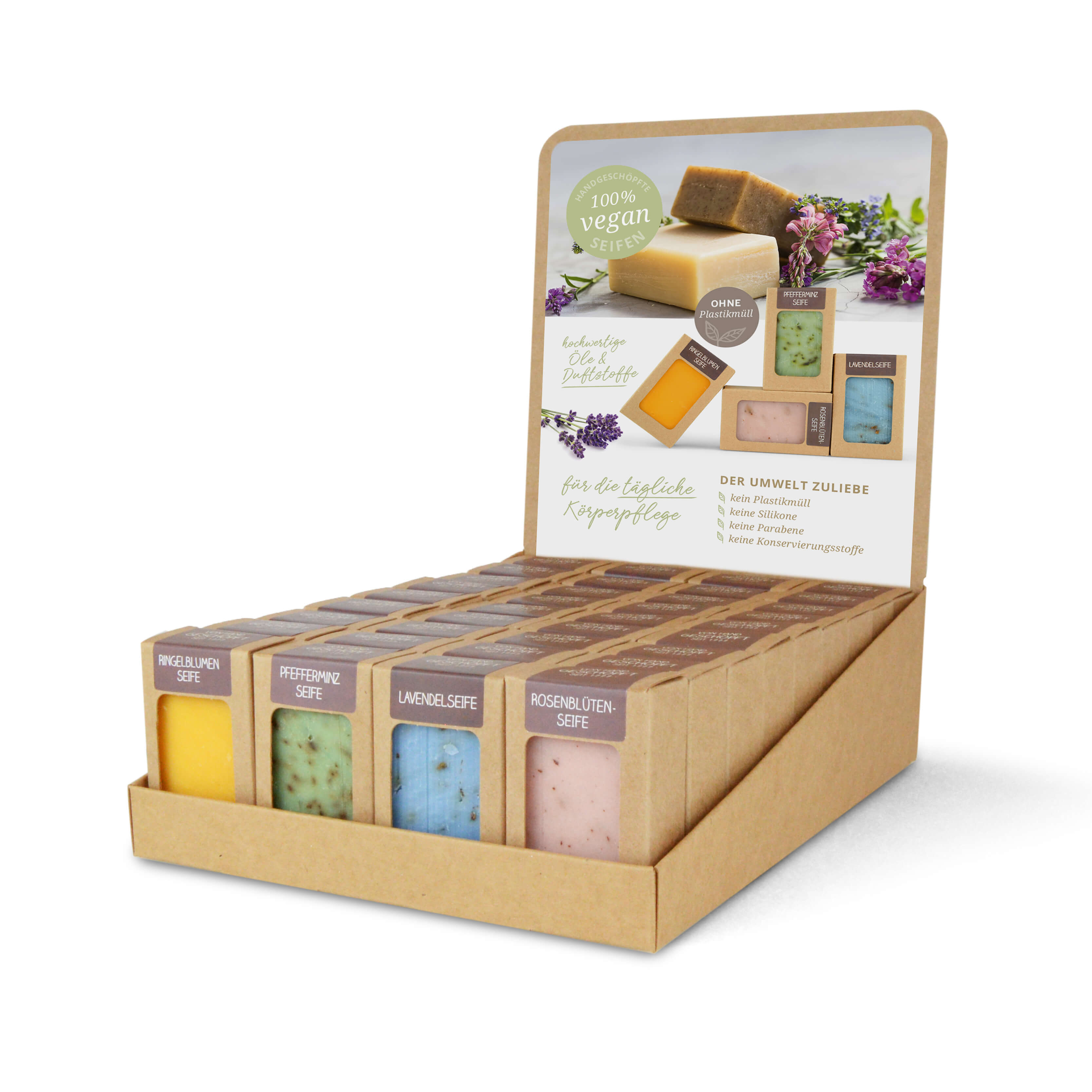 0100 Sortiment mit 36 Seifen 100 g (4 x 9 St.: Ringelblume, Pfefferminz, Lavendel, Rosenblüte)