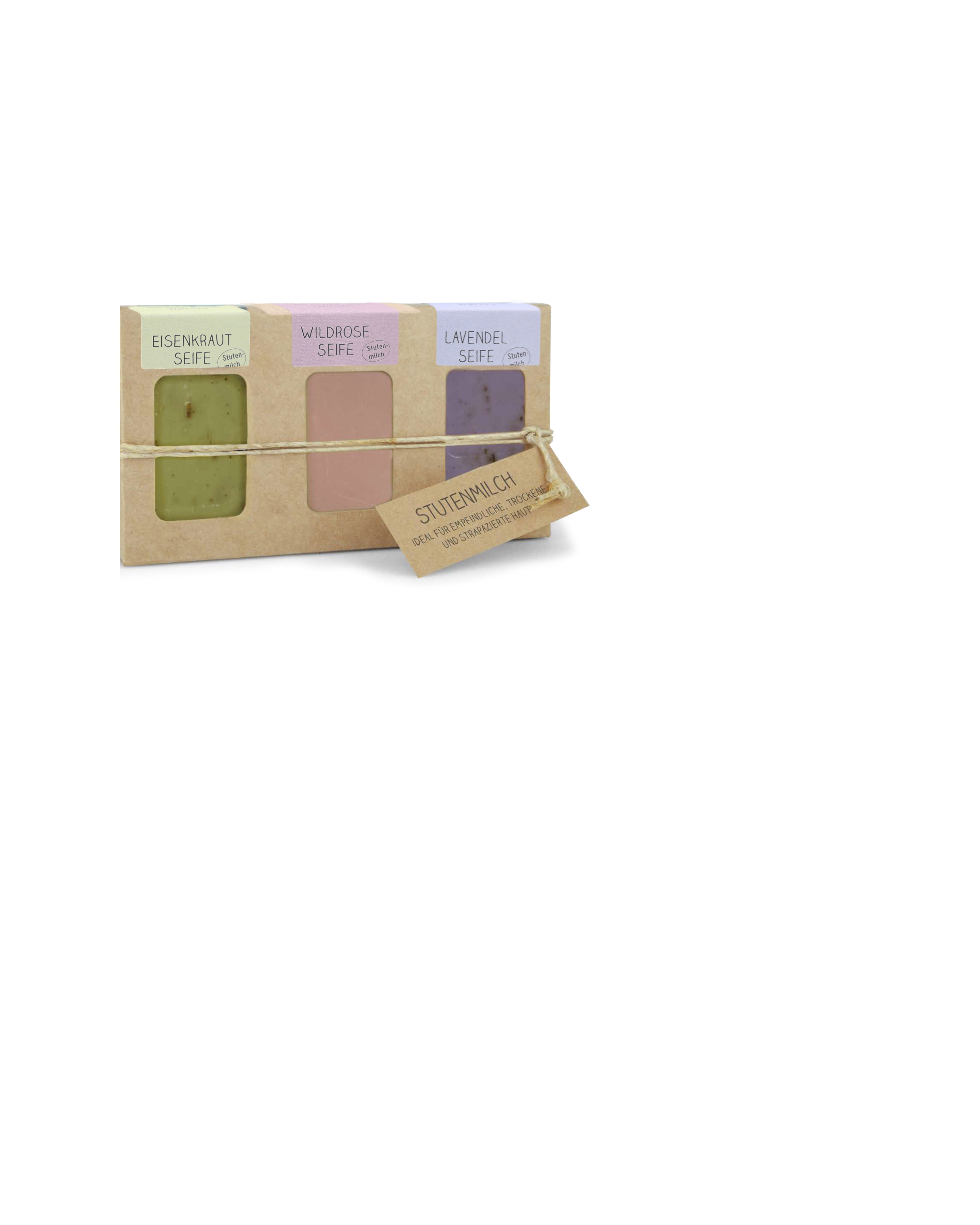Geschenkkarton mit 3 Stutenmilch-Seifen (3 x 100g: Wildrose, Lavendel und Eisenkraut)