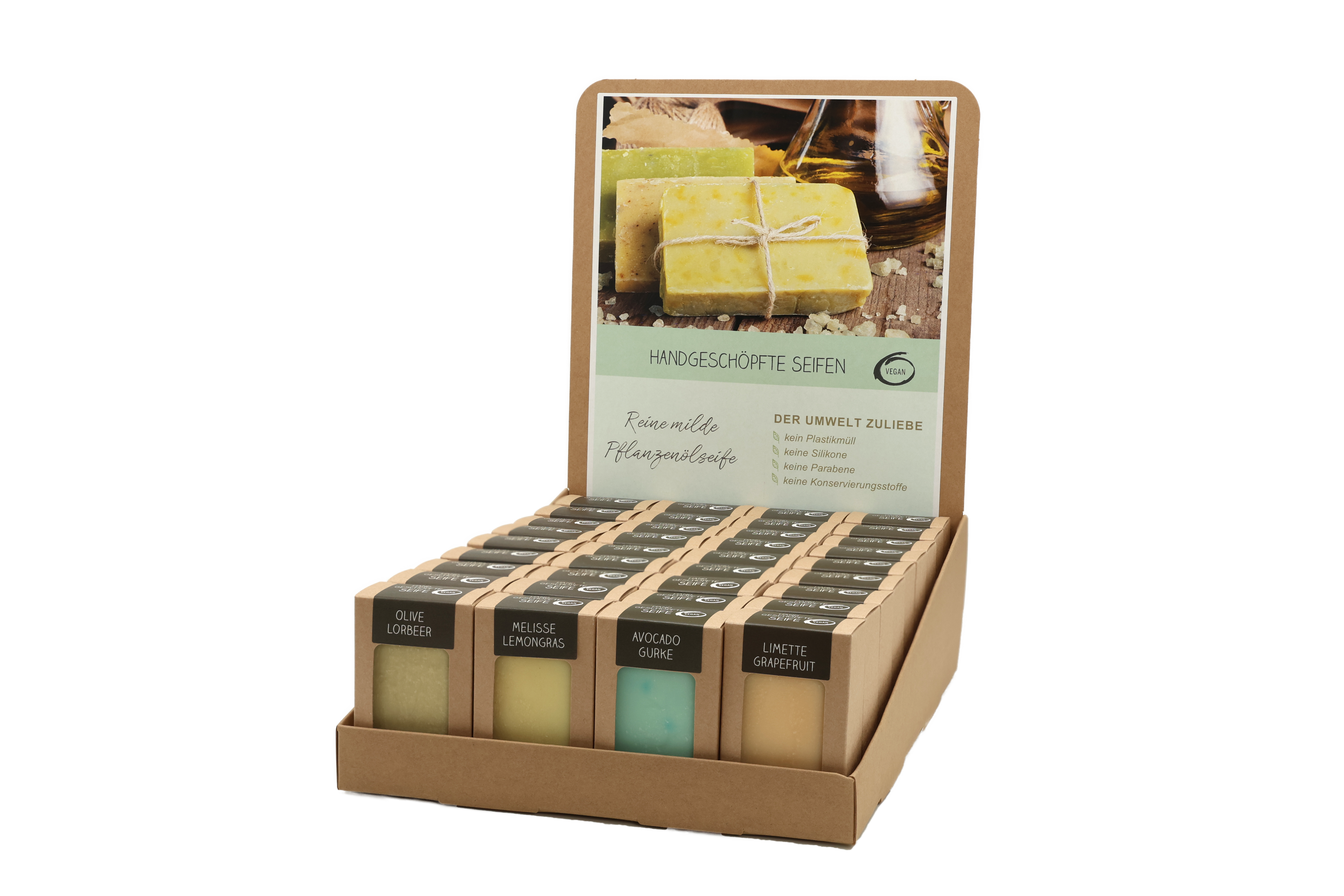 Sortiment mit 36 Seifen 100 g (Olive-Lorbeer, Limette-Grapefruit, Avocado-Gurke, Melisse-Lemongras
