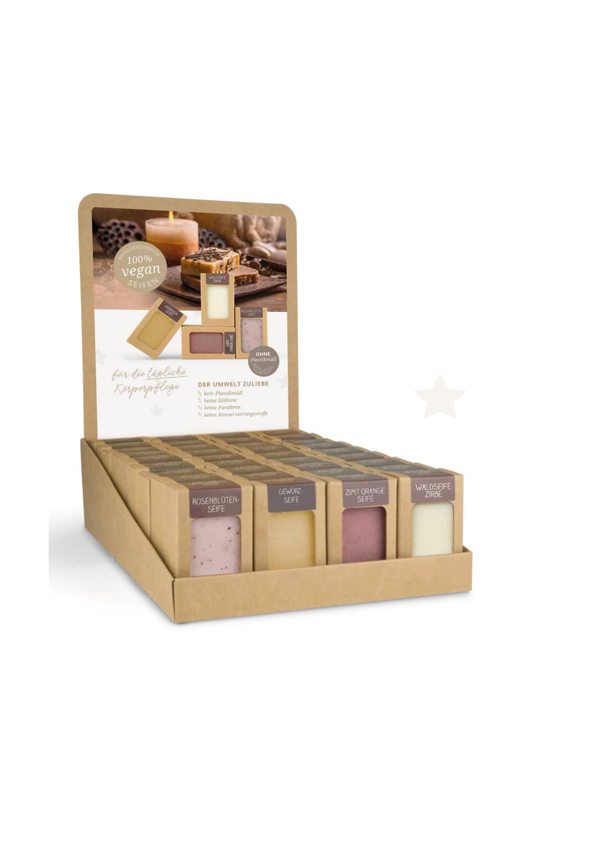 Sortiment mit 36 Seifen 100 g (4 x 9 St.: Gewürzseife, Rosenblüten, Zimt Orange, Waldseife Zirbe)