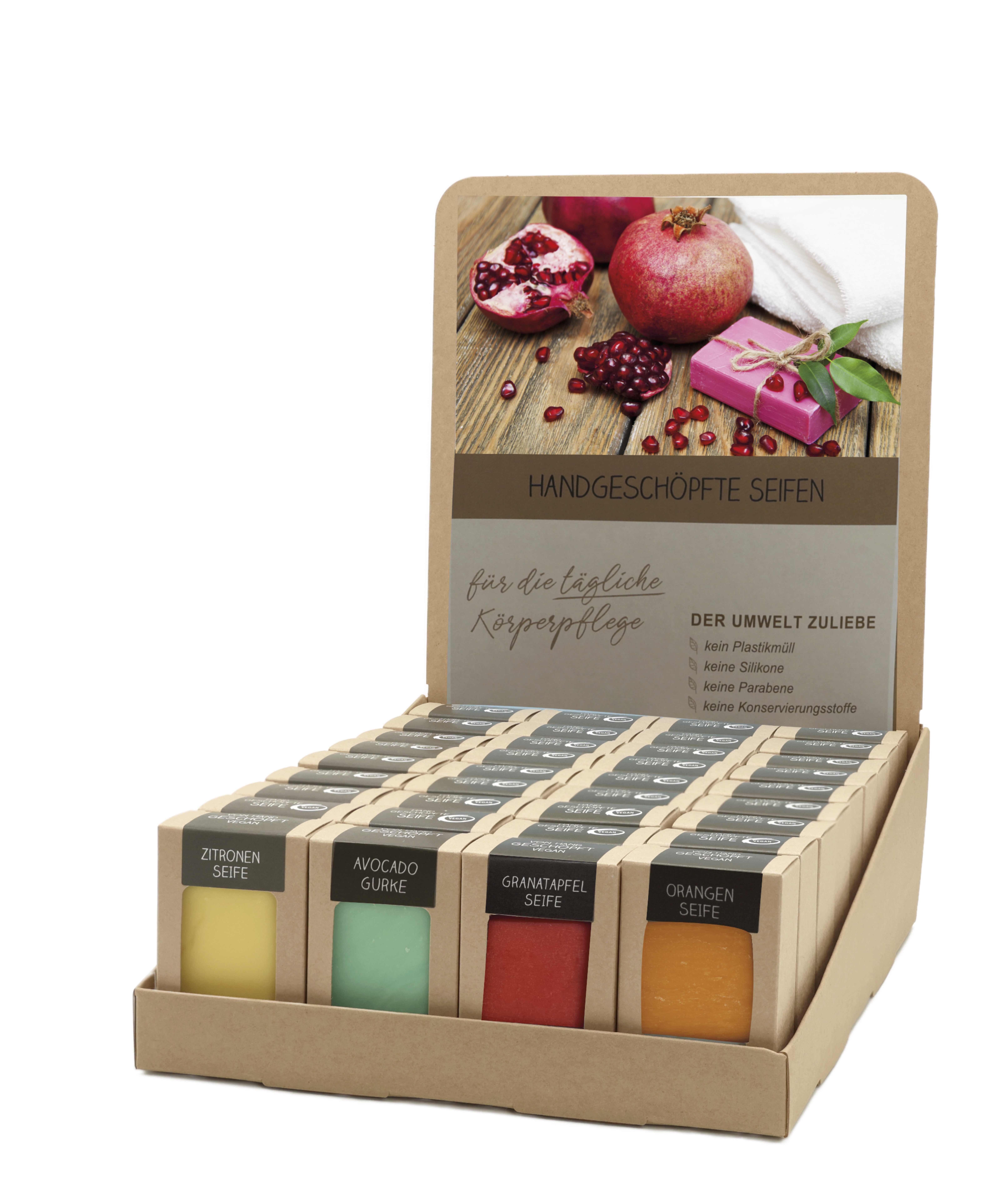 Sortiment mit 36 Seifen 100 g (4 x 9 St.: Zitrone, Avocado-Gurke, Granatapfel, Orange)