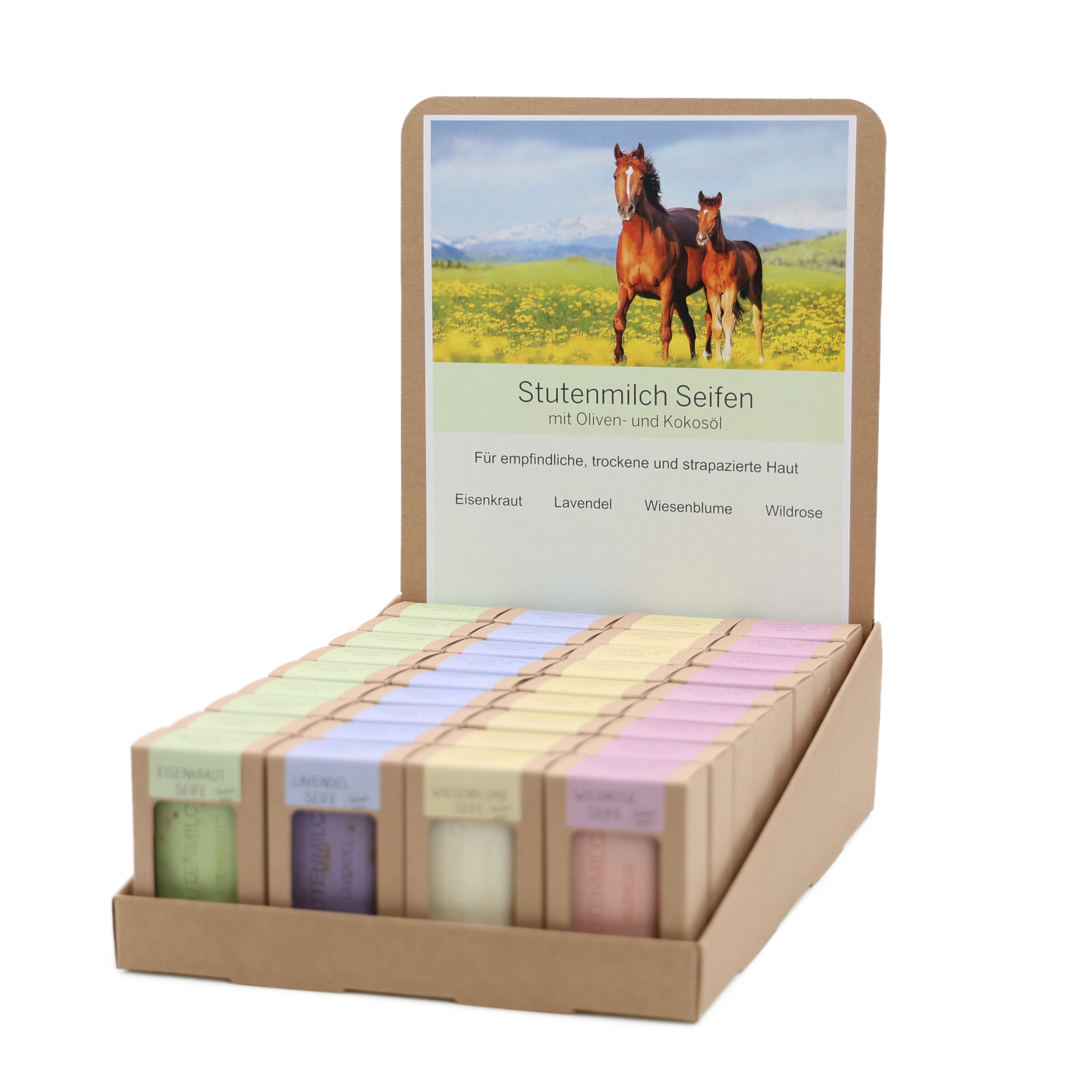 Seifen-Aufsteller-1 Stutenmilch-Seifen im Sortiment mit 36 Seifen 100 g (Eisenkraut, Lavendel, Wildrose, Wiesenblume)