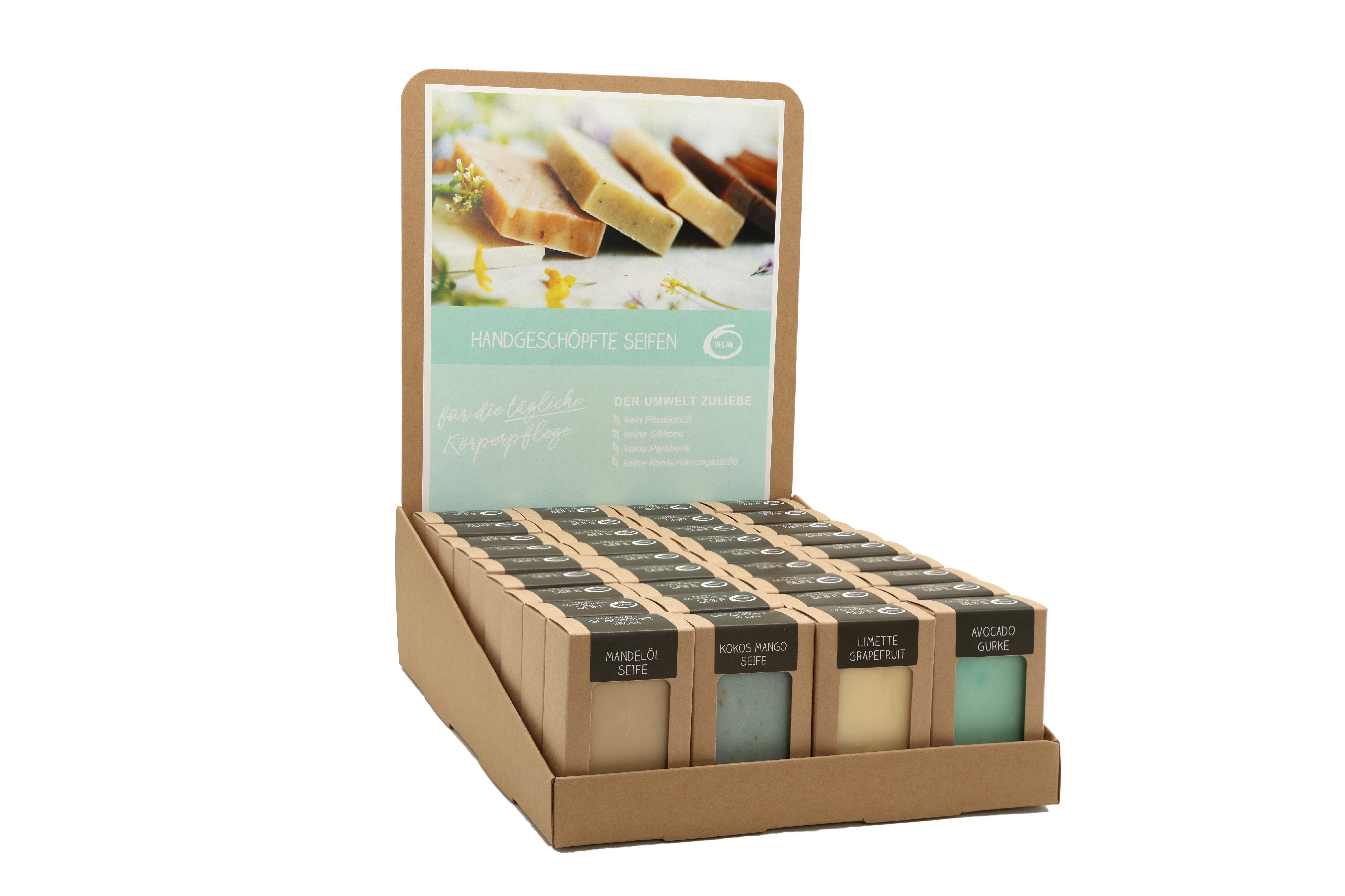 Sortiment mit 36 Seifen 100 g (4 x 9 St.: Mandelöl, Kokos-Mango, Limette-Grapefruit, Avocado-Gurke) Sortiment mit 36 Seifen 100 g (4 x 9 St.: Mandelöl, Kokos-Mango, Limette-Grapefruit, Avocado-Gurke)