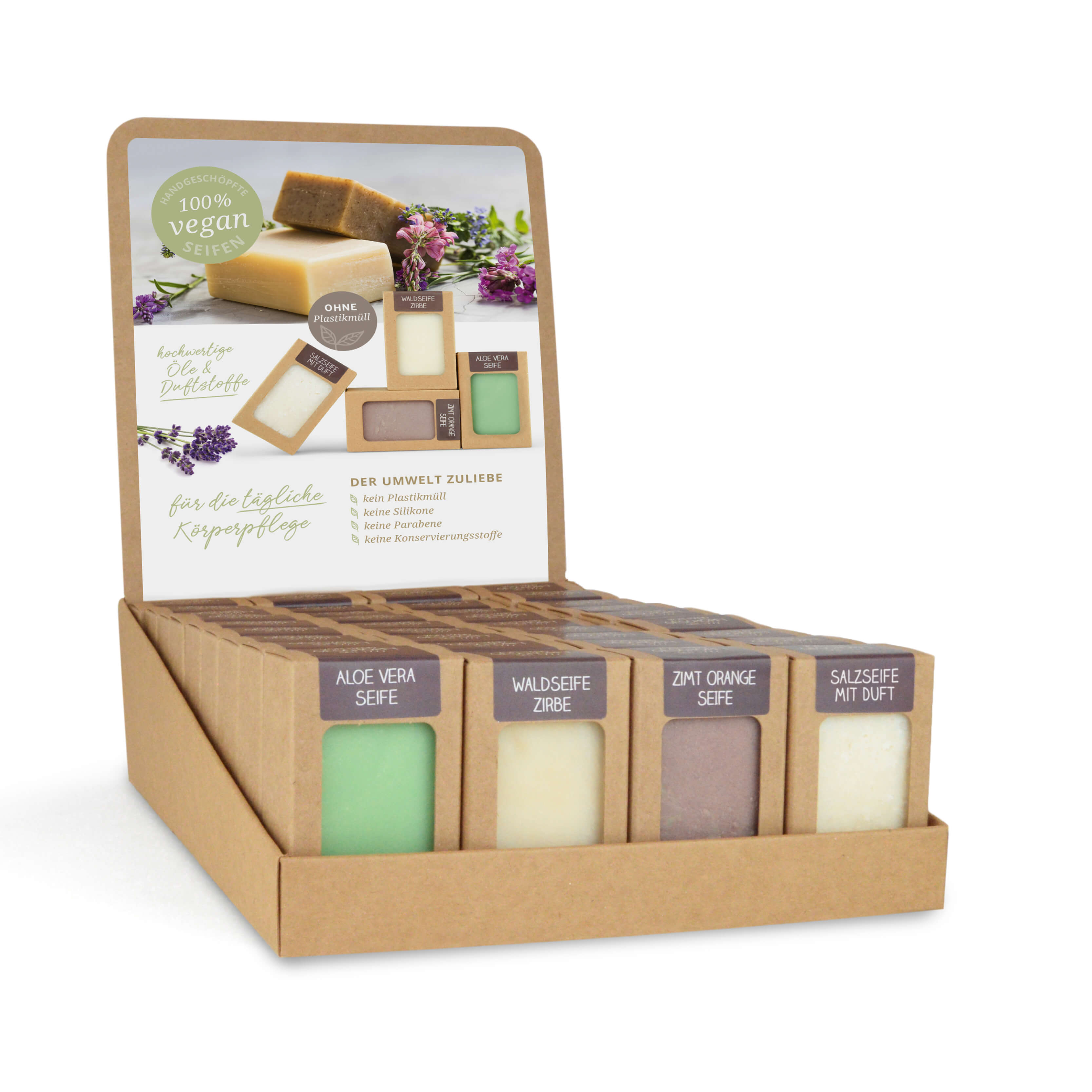 0102uOWiuF1GbWlYx Sortiment mit 36 Seifen 100 g (4 x 9 St.: Salz mit Duft, Zirbe, Aloe Vera, Zimt Orange)