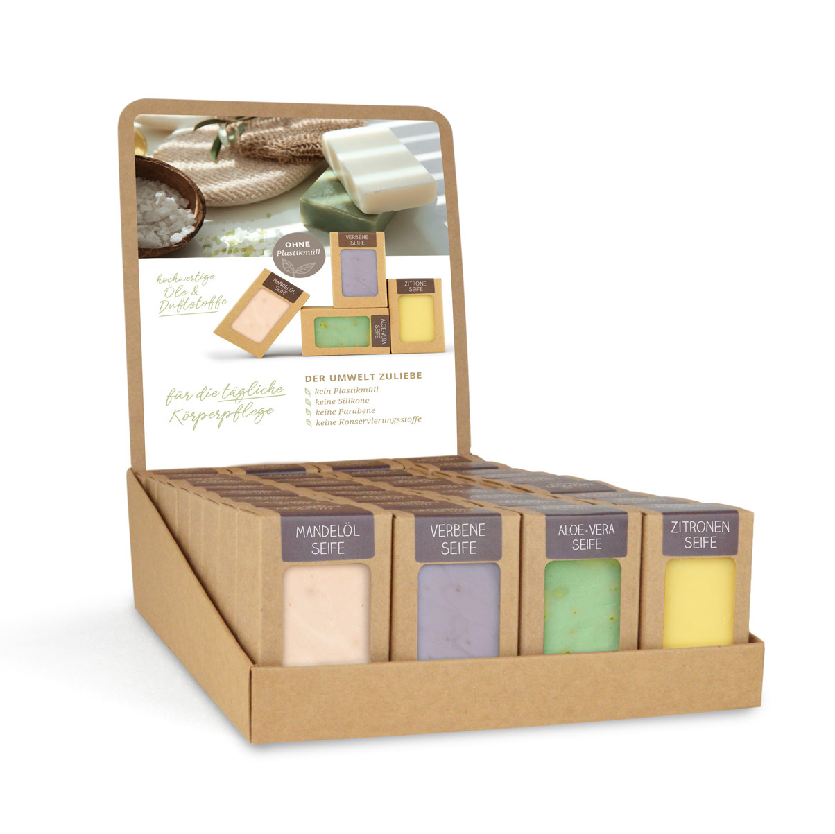 0650_display_mandel-verbene-zitrone Sortiment mit 36 Seifen 100 g (4 x 9 St.: Mandelöl, Verbene, Aloe Vera, Zitronen)