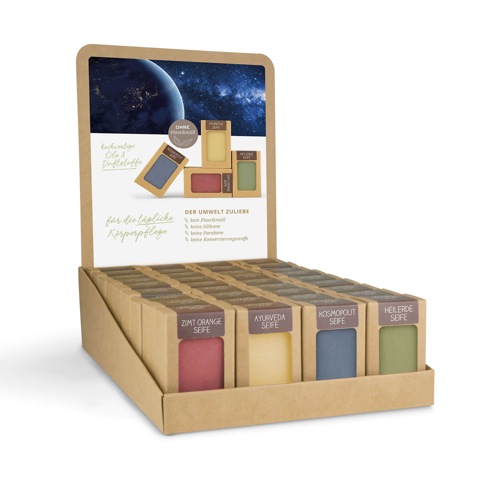 0648 Sortiment mit 36 Seifen 100 g (4 x 9 St.: Zimt Orange, Ayurveda, Kosmopolit, Heilerde)