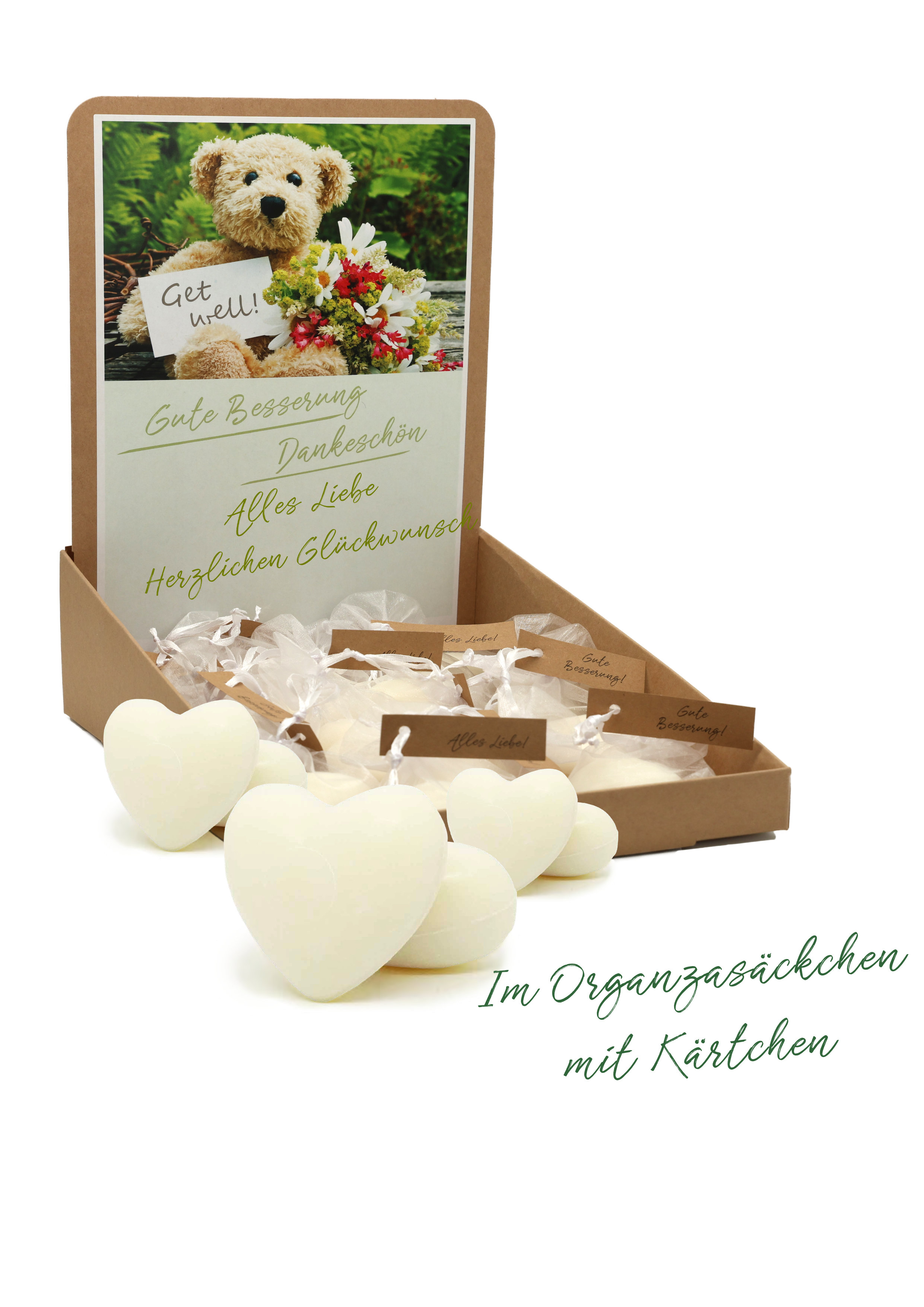 60 x Herz-Seifen  60g im Display mit versch. Wunschkärtchen 