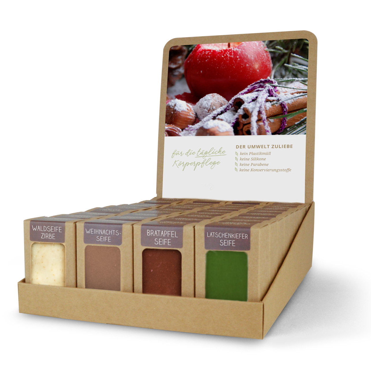 0651_display_2024 Sortiment mit 36 Seifen 100 g (4 x 9 St.: Waldseife Zirbe, Weihnachtsseife, Latschenkiefer, Bratapfel)