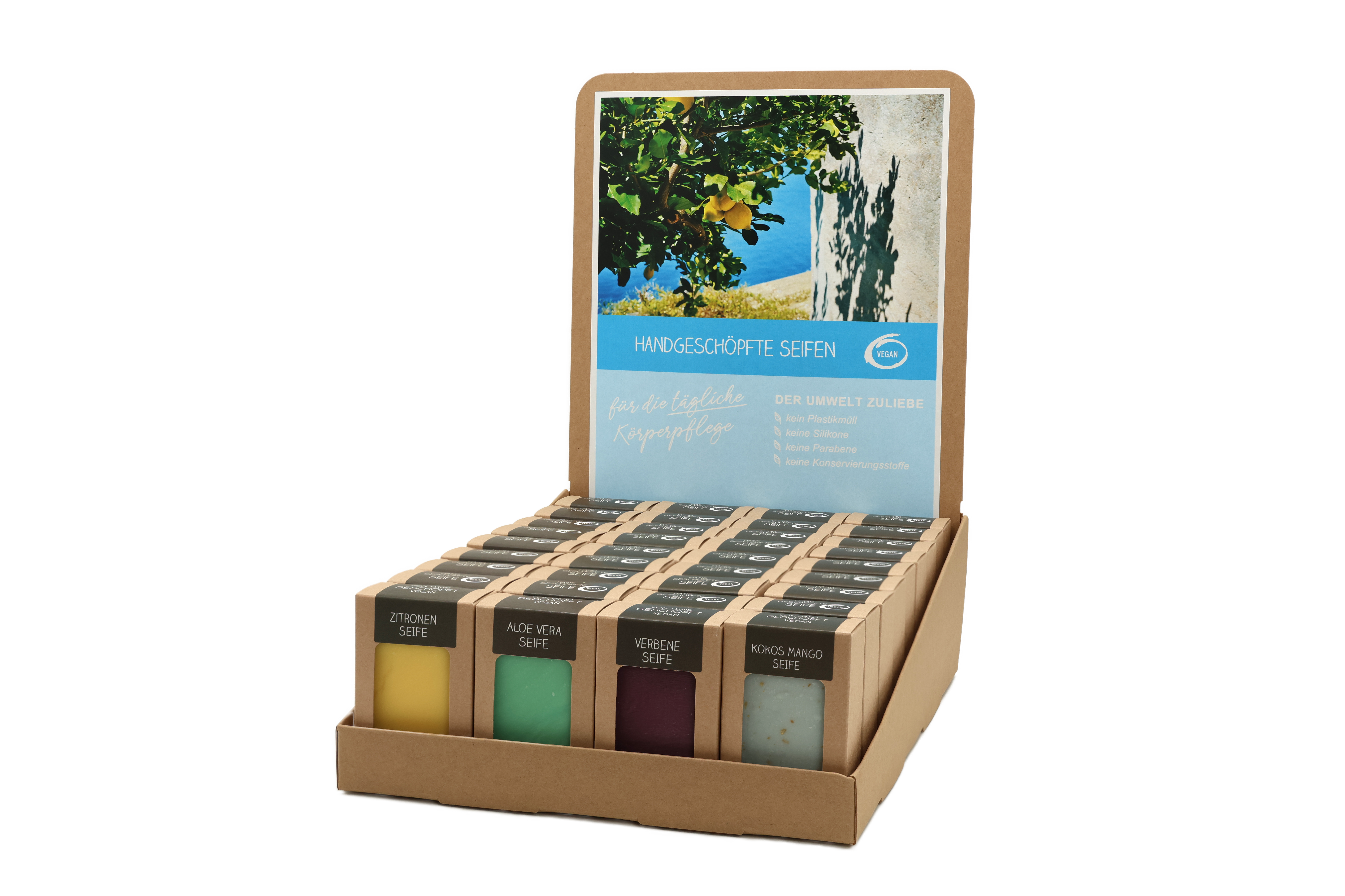 Sortiment mit 36 Seifen 100 g (4 x 9 St.: Kokos Mango, Zitrone, Verbene, Aloe Vera) Sortiment mit 36 Seifen 100 g (4 x 9 St.: Kokos Mango, Zitrone, Verbene, Aloe Vera)