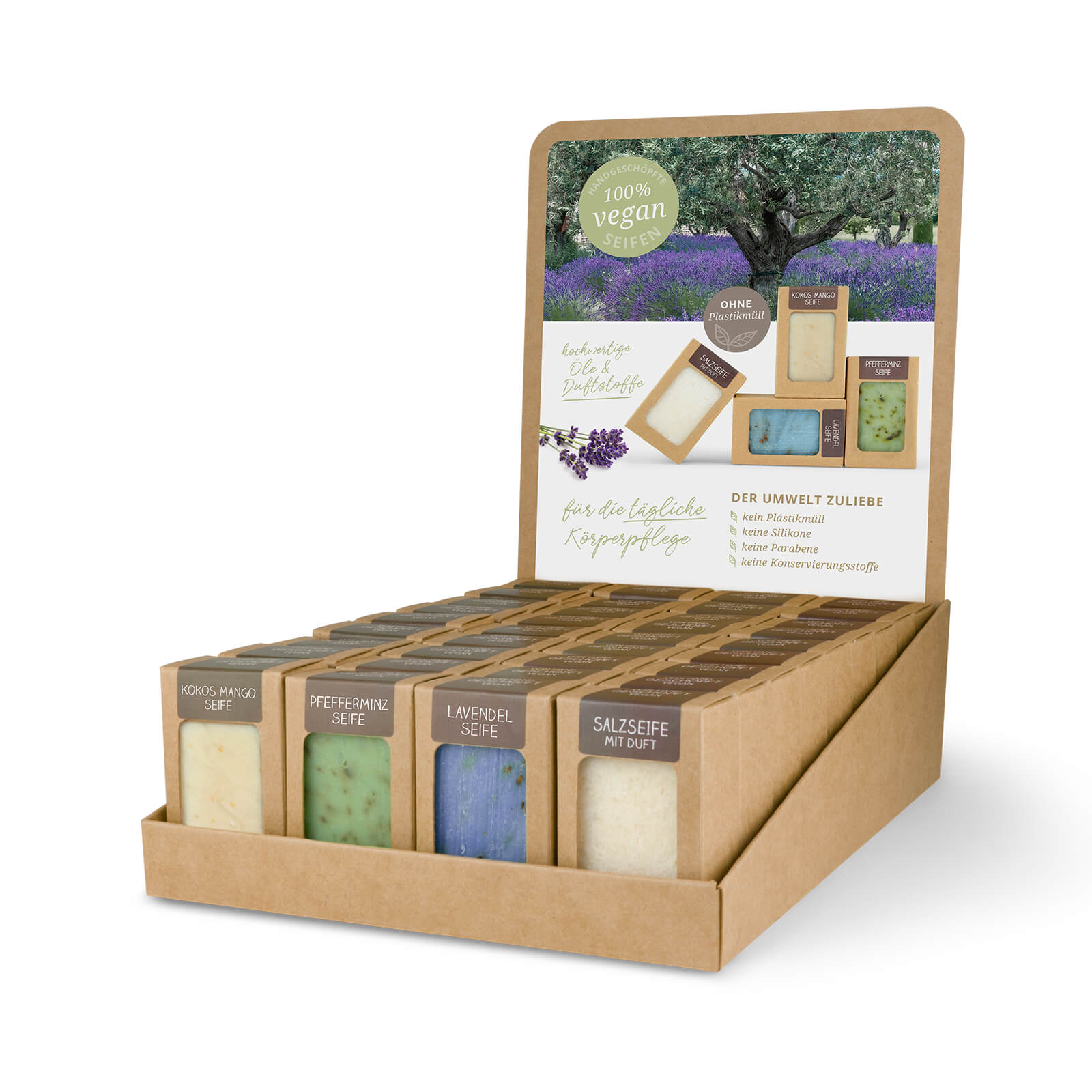 0647 Sortiment mit 36 Seifen 100 g (4 x 9 St.: Kokos Mango, Pfefferminz, Lavendel, Salz Duft)