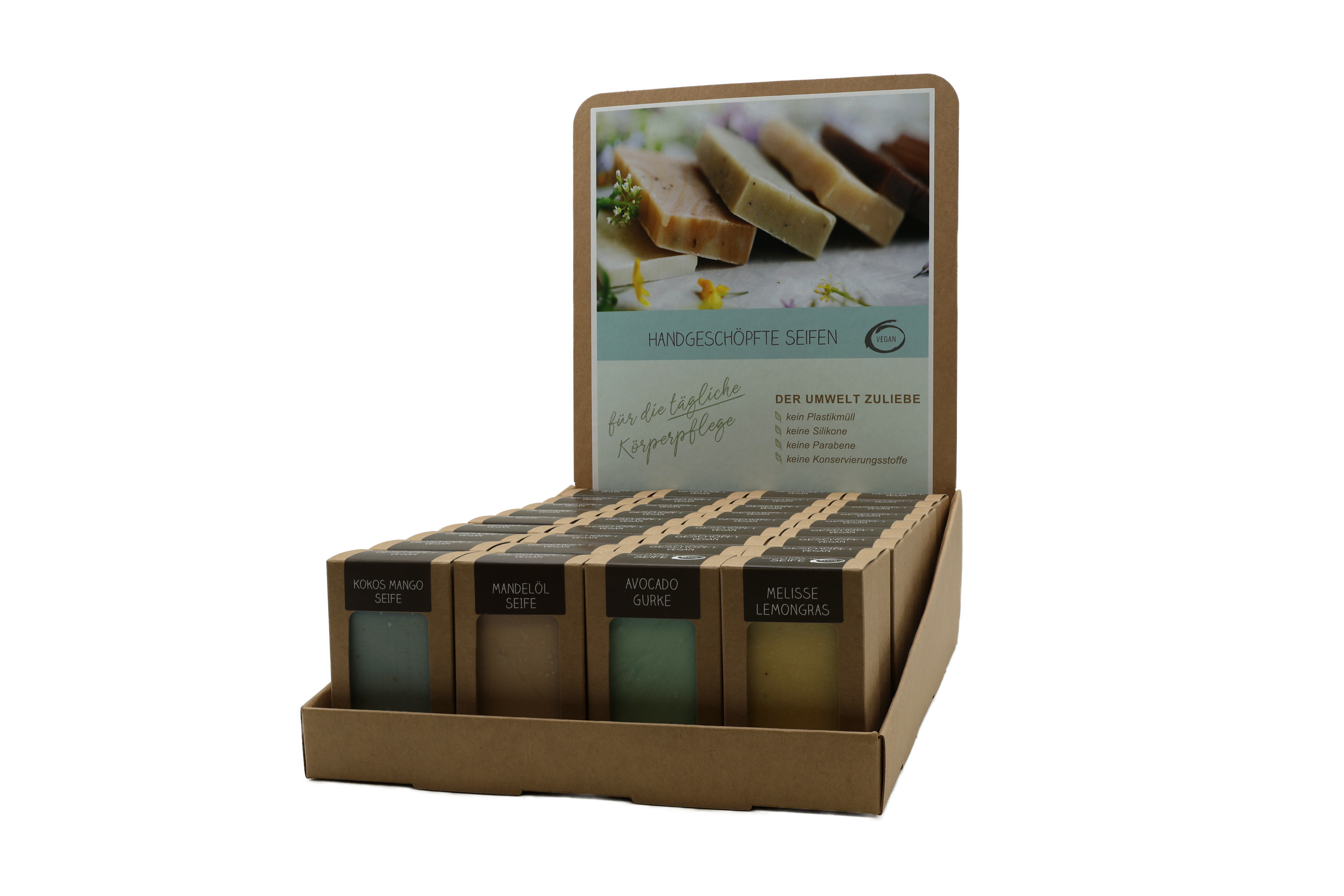 Sortiment mit 36 Seifen 100 g (4 x 9 St.: Mandelöl, Kokos-Mango, Melisse-Lemongras, Avocado-Gurke)