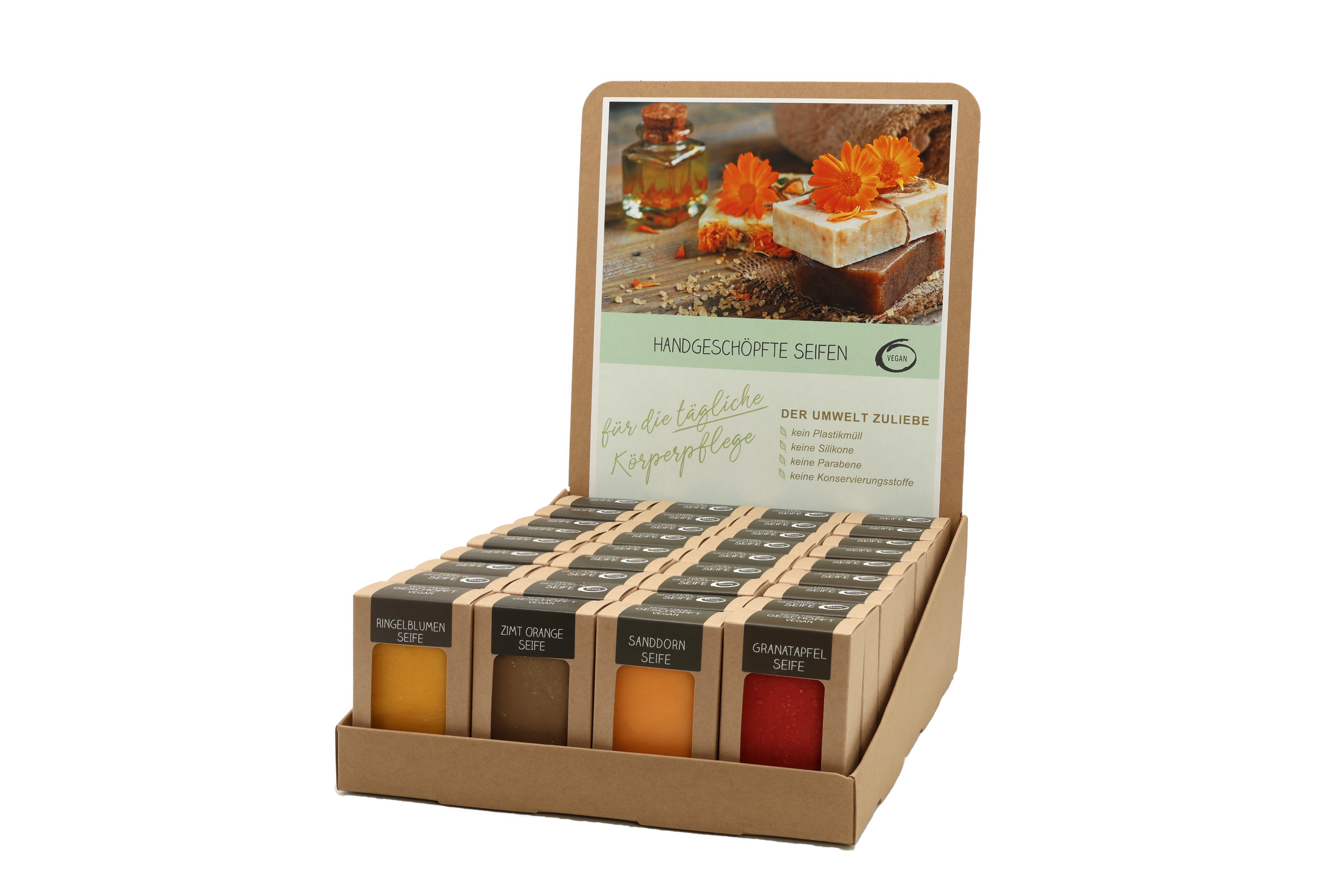 Sortiment mit 36 Seifen 100 g (4 x 9 St.: Ringelblume, Zimt-Orange, Sanddorn, Granatapfel)