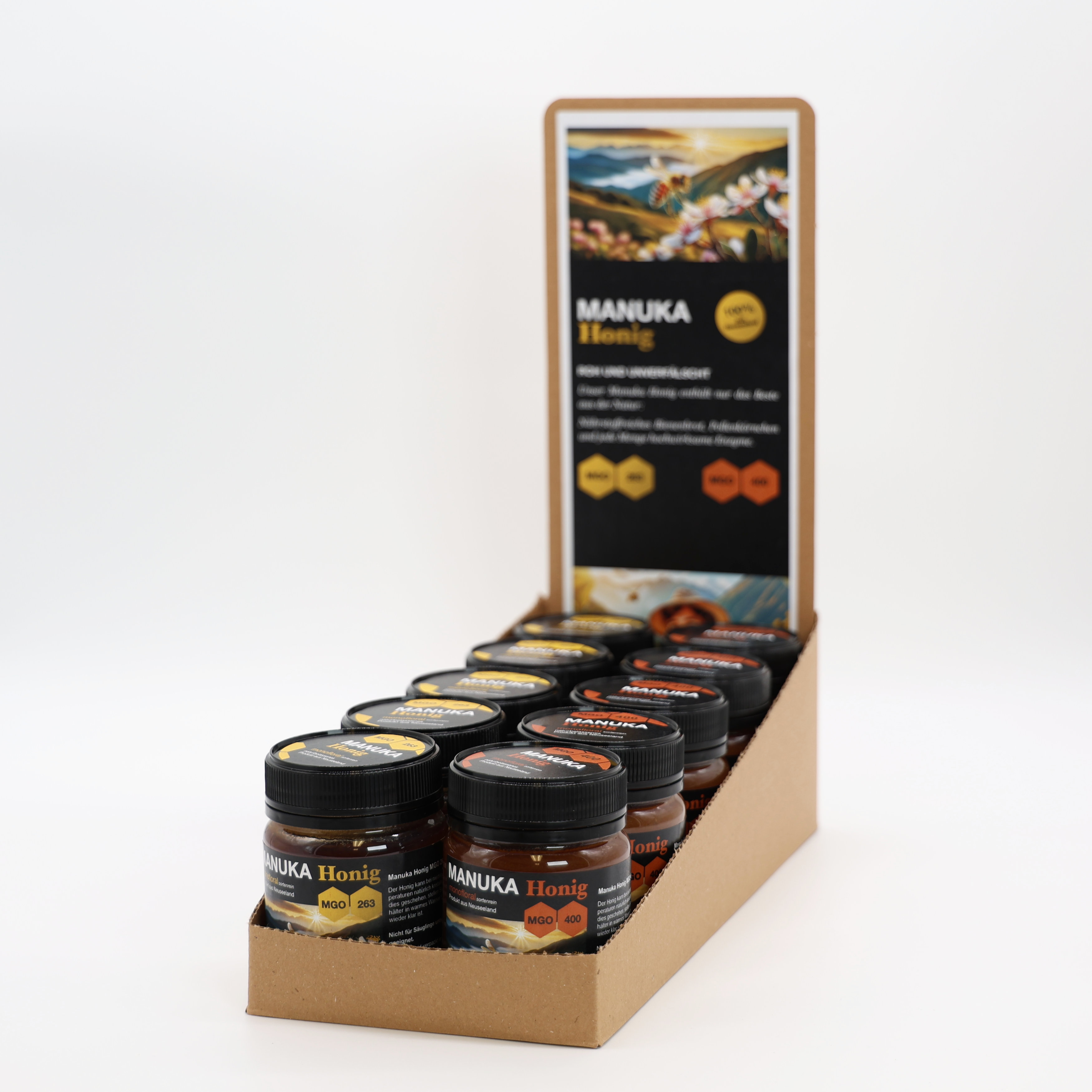Honig-Aussteller-2 Manuka Honig Display (5x Manuka Honig MGO 263 und 5x Manuka Honig MGO 400) je 225g Inhalt
