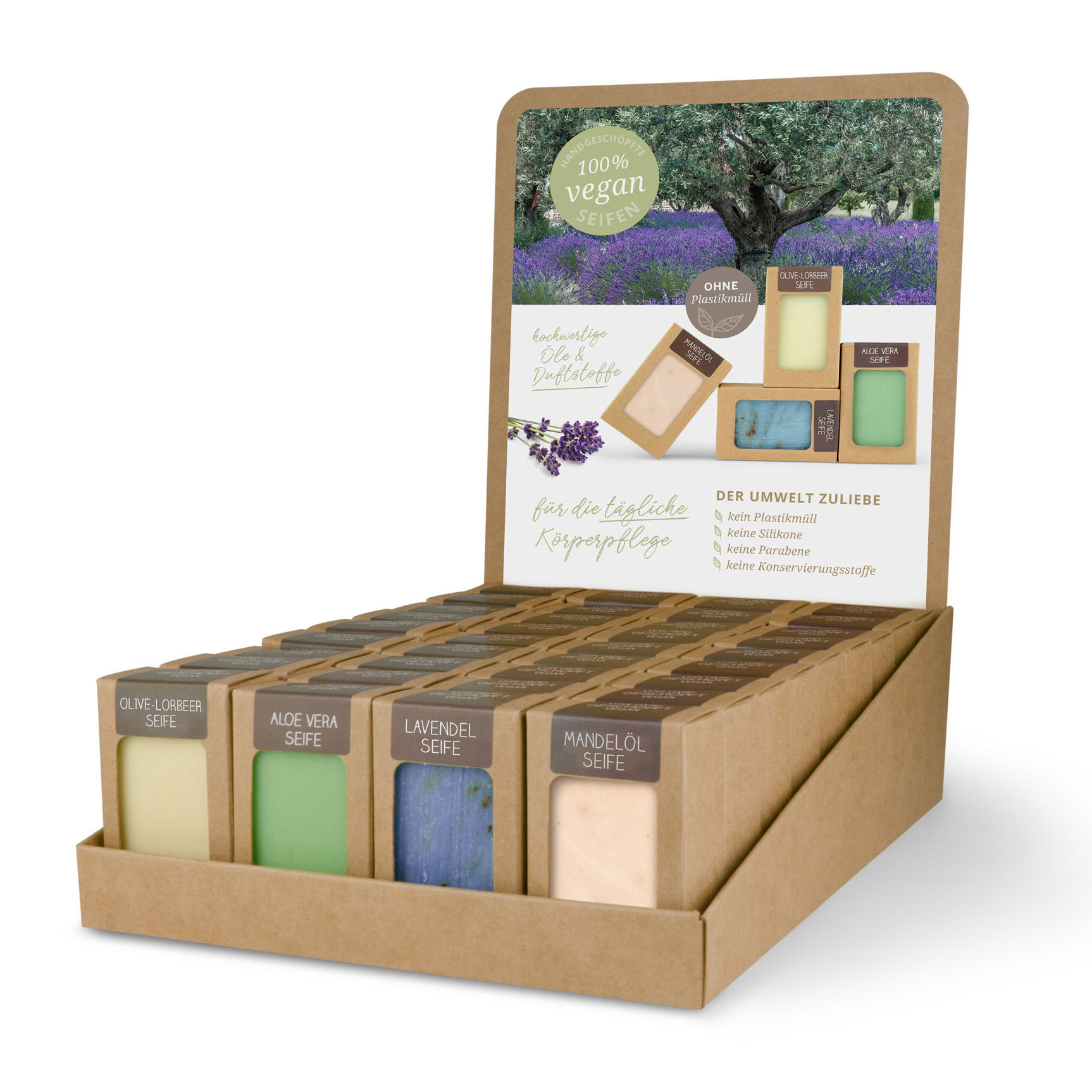 0625_sortiment_olive_aloe_lavendel Sortiment mit 36 Seifen 100 g (4 x 9 St.: Olive-Lorbeer, Aloe Vera, Lavendel, Mandelöl)