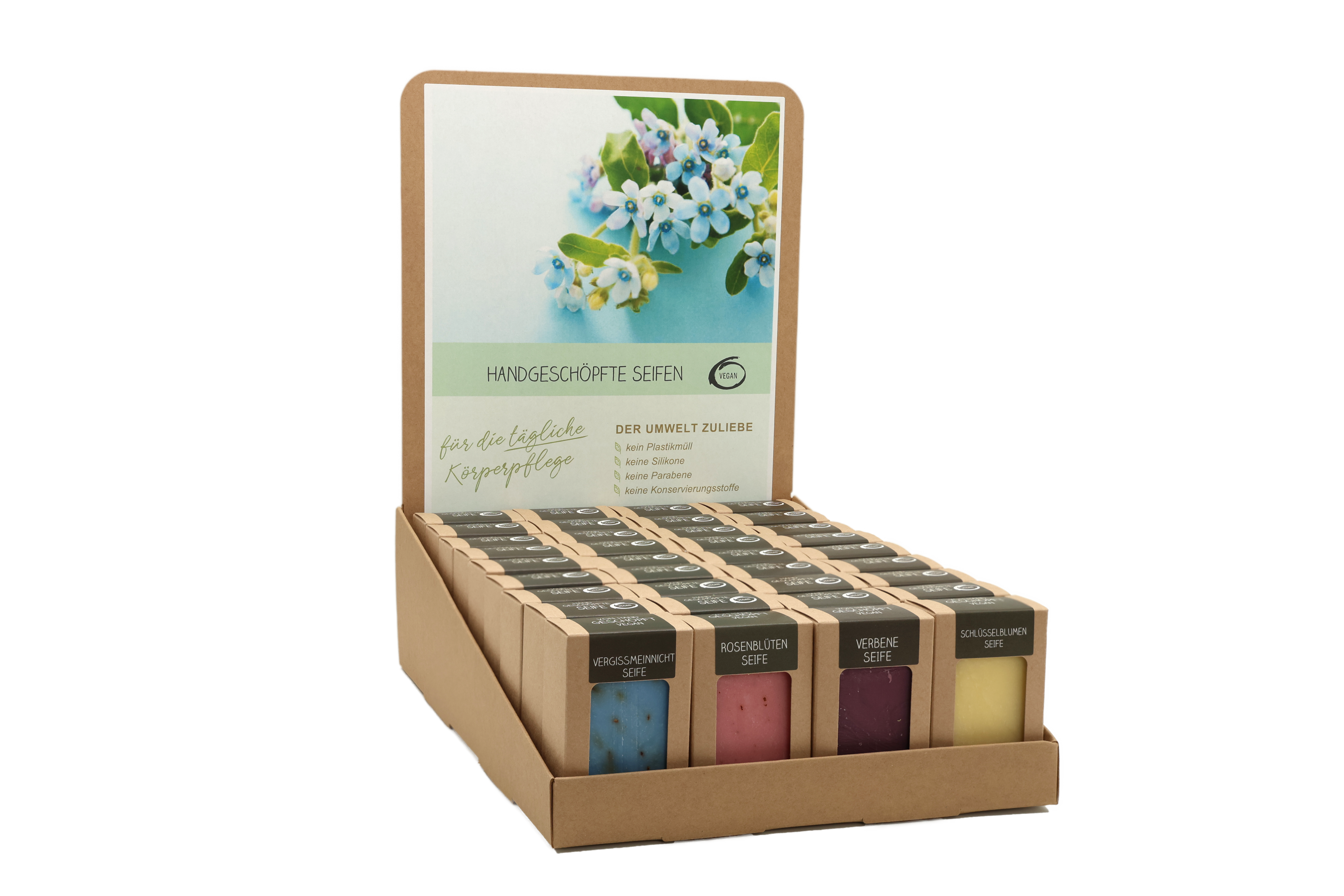 Sortiment mit 36 Seifen 100 g (4 x 9 St.: Vergissmeinnicht,Rosenblüten, Verbene, Schlüsselblume)