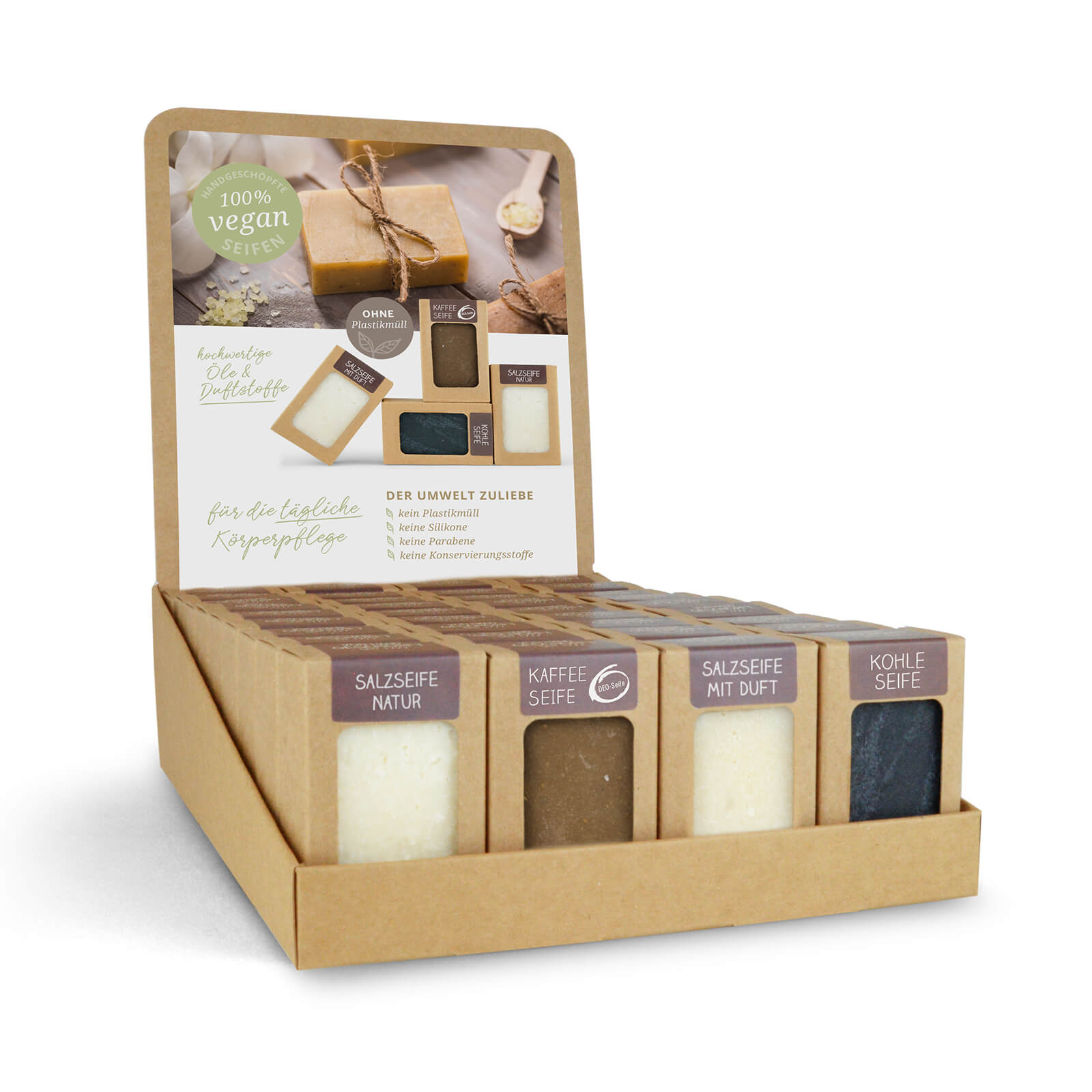 0626YWvxwqioxs946 Sortiment mit 36 Seifen 100 g (4 x 9 St.: Salz natur, Kaffee, Salz Duft, Kohle)