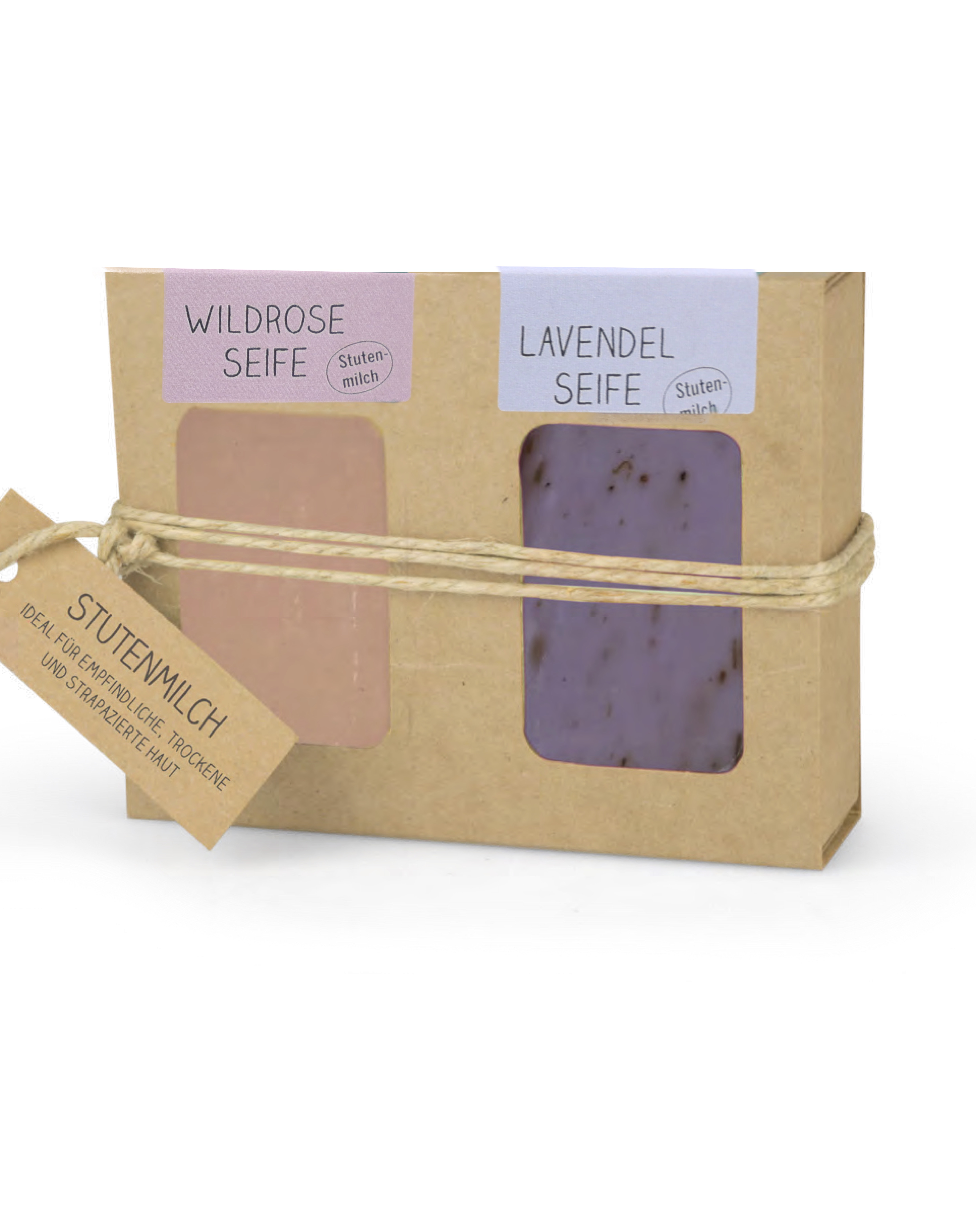 Geschenkkarton mit 2 Stutenmilch-Seifen (2 x 100g: Wildrose & Lavendel Seife)