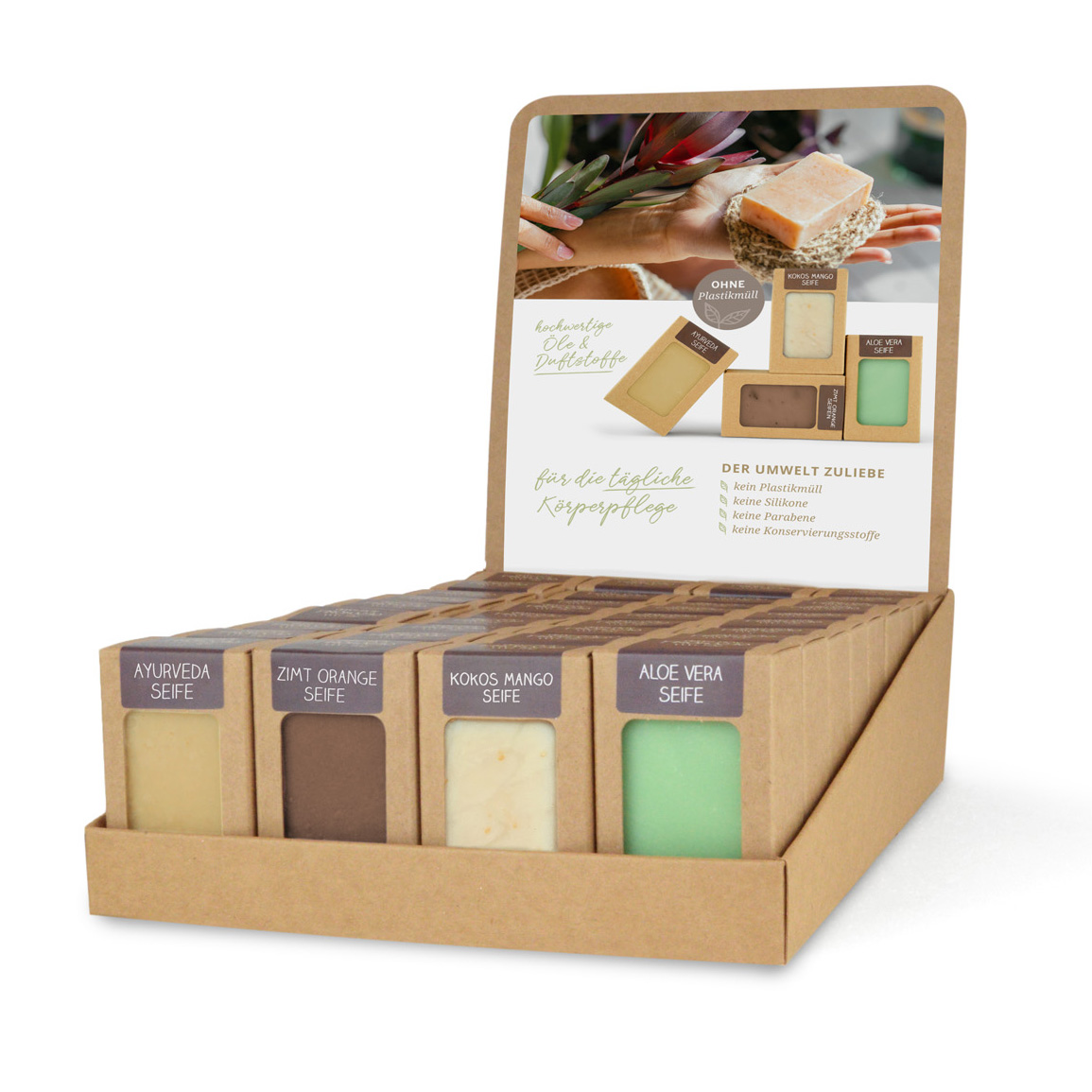 0641bShK84carHNE7 Sortiment mit 36 Seifen 100 g (4 x 9 St.: Aloe Vera, Kokos Mango, Zimt Orange, Ayurveda)