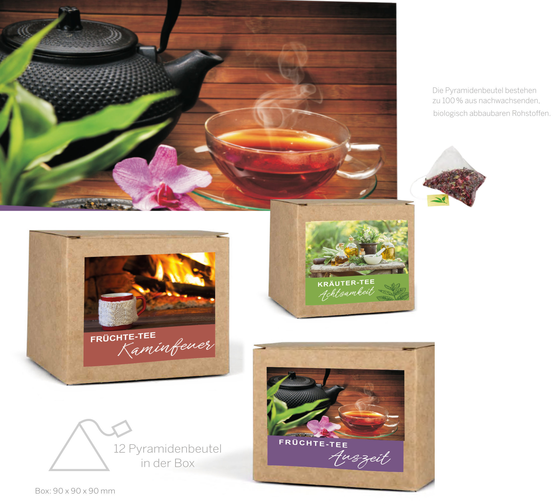 Tee-Sortiment im Pyramidenbeutel (3 x 8 St.: Kaminfeuer, Auszeit, Achtsamkeit)