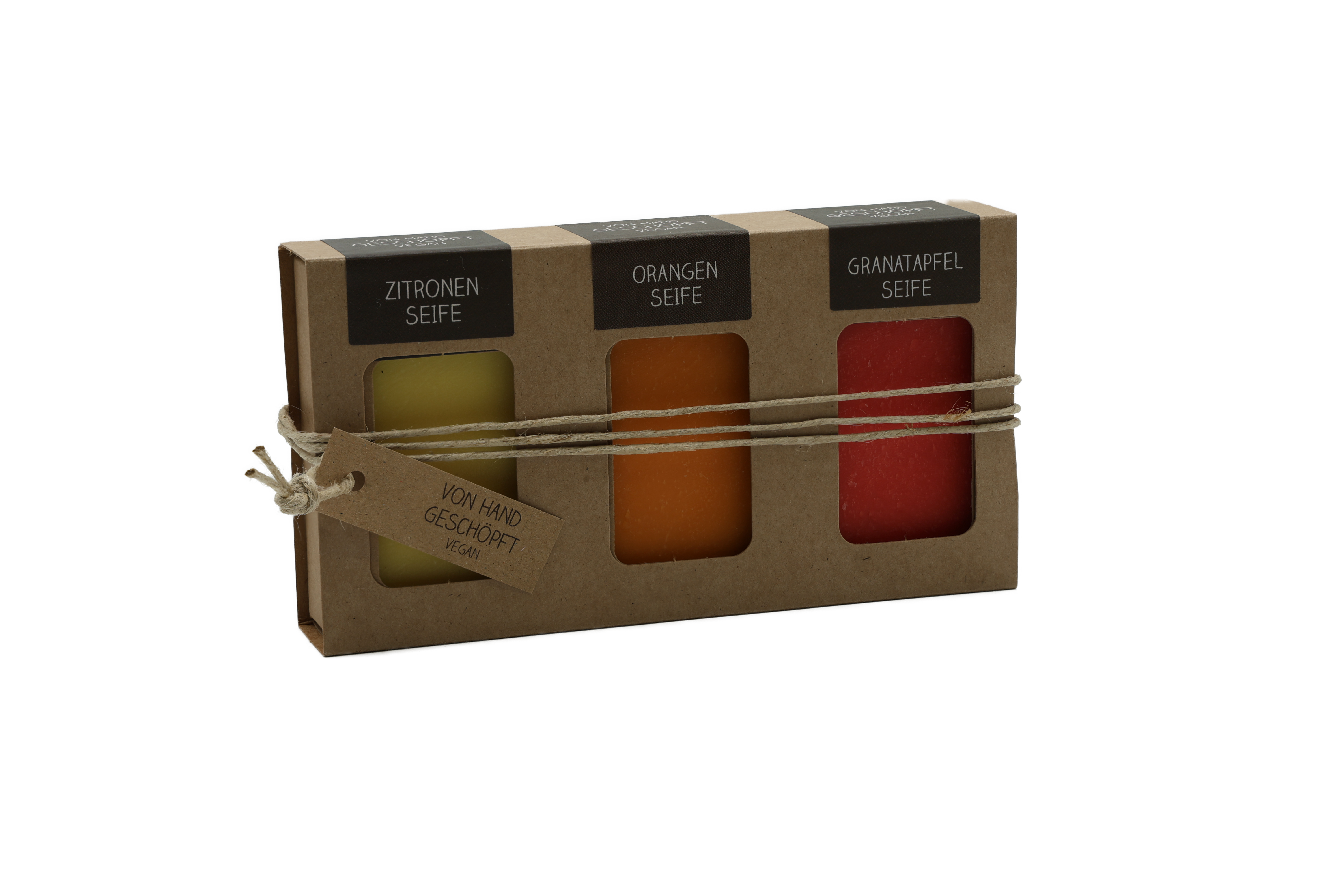 Geschenkkarton mit 3 Seifen (3 x 100g: Zitrone, Orange, Granatapfel)